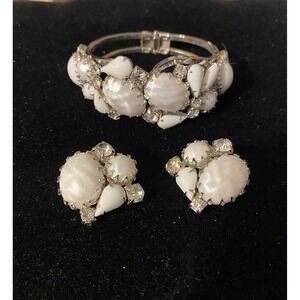 Vintage Juliana Clamper Bracelet & Earring Set Silver Tone w/ White Stones